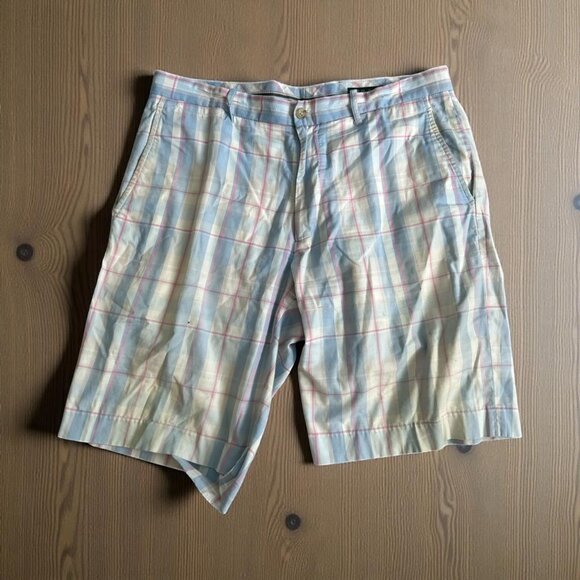 BOBBY JONES Blue Plaid Gold Pleated Shorts Size 34 - Picture 1 of 8